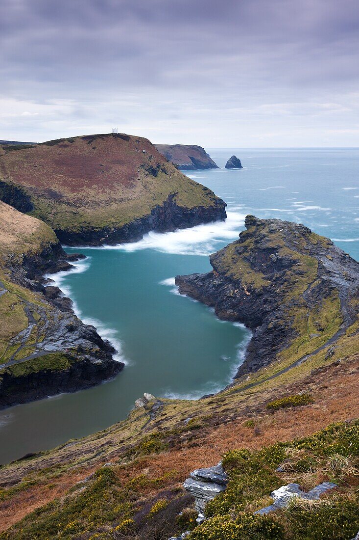 Boscastle Harbour and Penally Point from Penally Hill, North Cornwall, England, United Kingdom, Europe