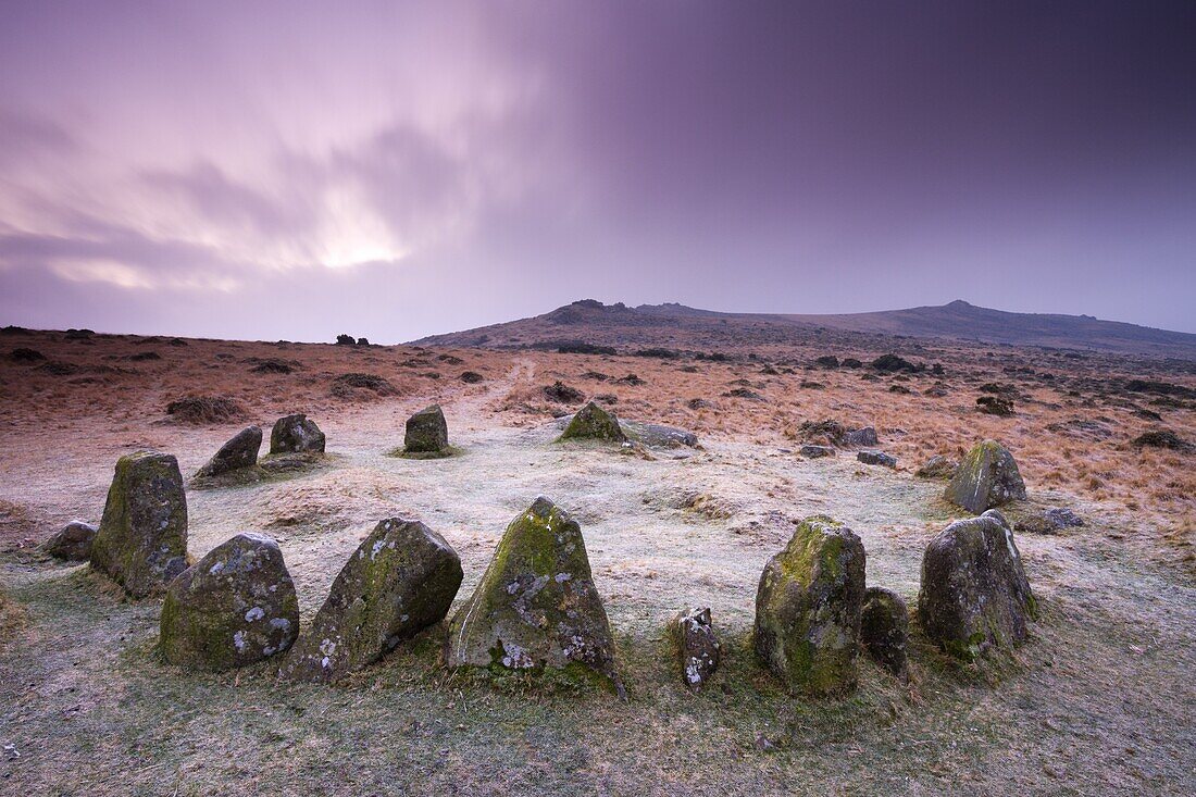 Stone circle cairn on Dartmoor, known as both the Nine Maidens and the Seventeen Brothers, Belstone Common, Dartmoor National Park, Devon, England, United Kingdom, Europe
