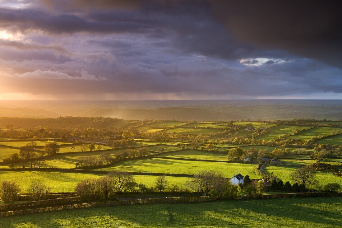 Storm light over Devon countryside near Brentor, Dartmoor National Park, Devon, England, United Kingdom, Europe