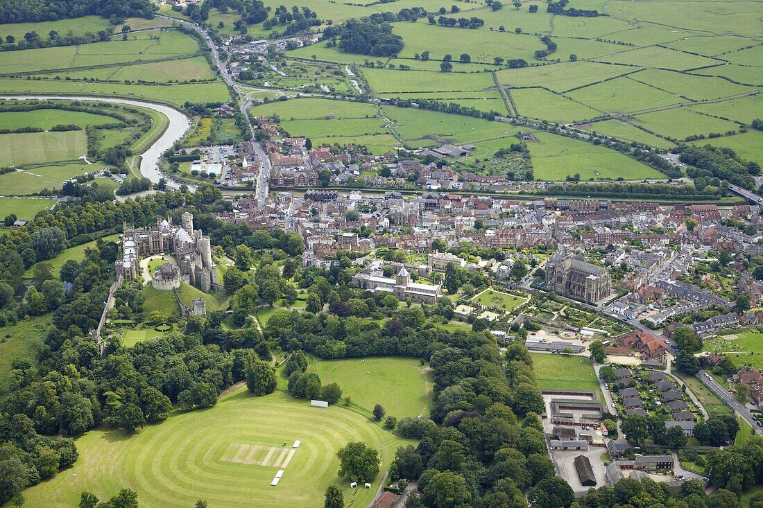 Aerial view of Arundel Castle, cricket ground and cathedral, Arundel, West Sussex, England, United Kingdom, Europe