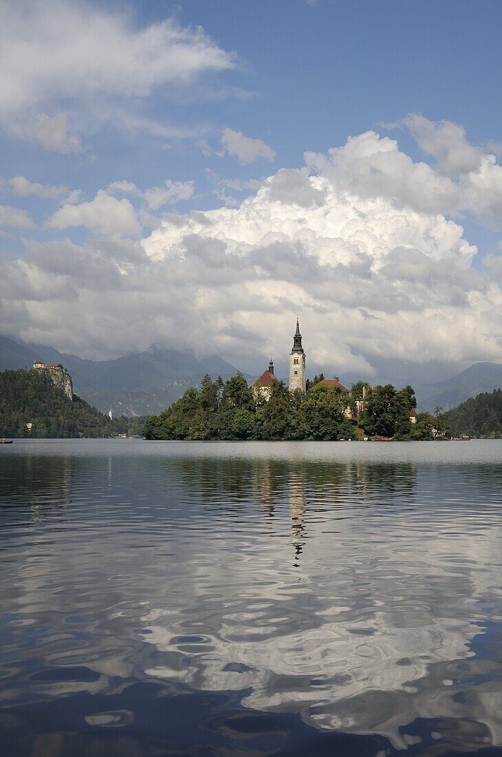 St. Mary of the Assumption church on Bled Island and Bled castle, Lake Bled, Slovenia, Europe