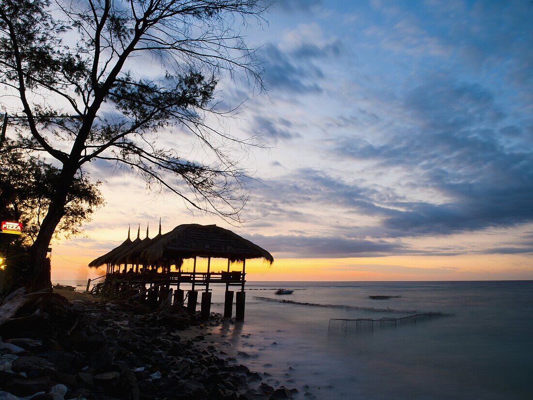 Restaurant on the beach at sunset, Gili Trawangan, Gili Islands, Indonesia, Southeast Asia, Asia