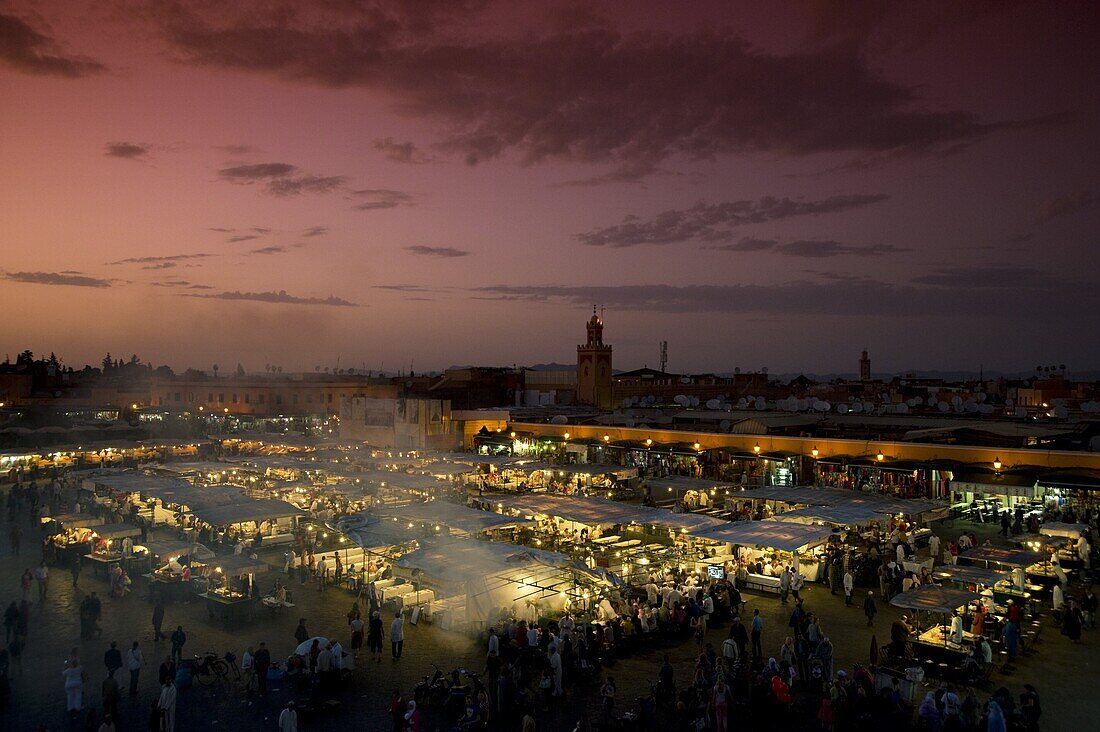 Food stalls at dusk in the main square, Jemaa el Fna in Marrakech, Morocco, North Africa, Africa
