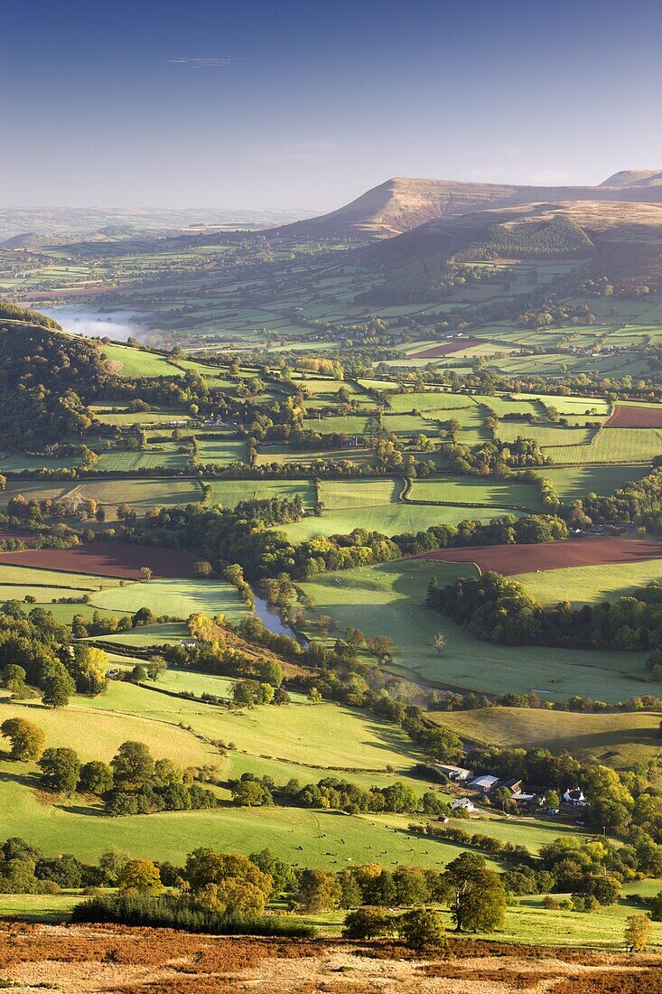 The River Usk and rolling countryside in the Brecon Beacons National Park, Powys, Wales, United Kingdom, Europe