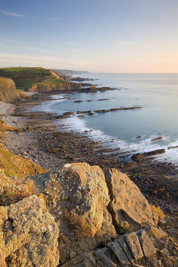 Blegberry Beach from the clifftops near Hartland, North Devon, England, United Kingdom, Europe