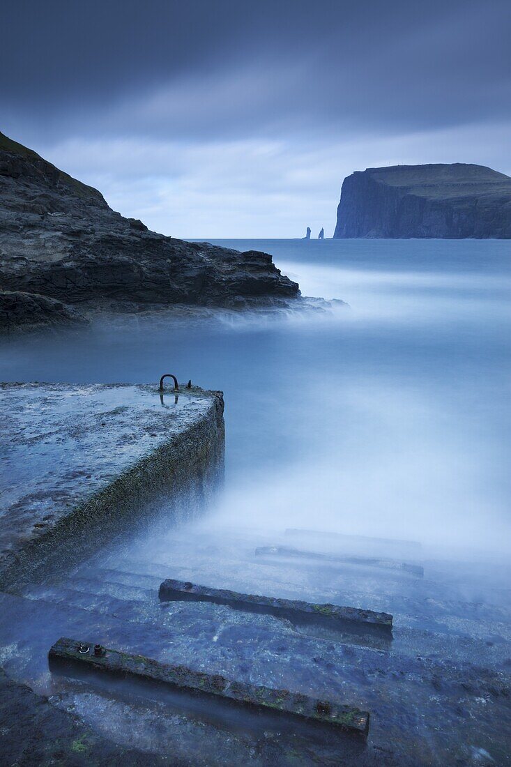 View towards Risin og Kellingin from Tjornuvik, Isle of Streymoy, Faroe Islands, Denmark, Europe