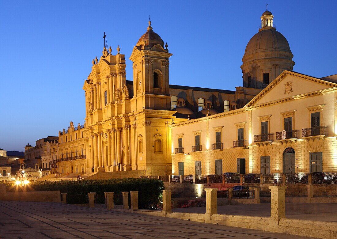 Duomo at dusk, Noto, Sicily, Italy, Europe