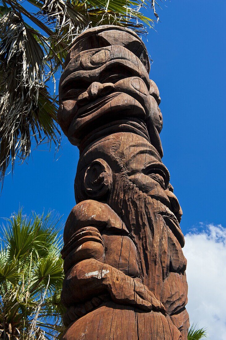 Wooden statues in the sculpture garden of La Foa, West coast of Grand Terre, New Caledonia, Melanesia, South Pacific, Pacific