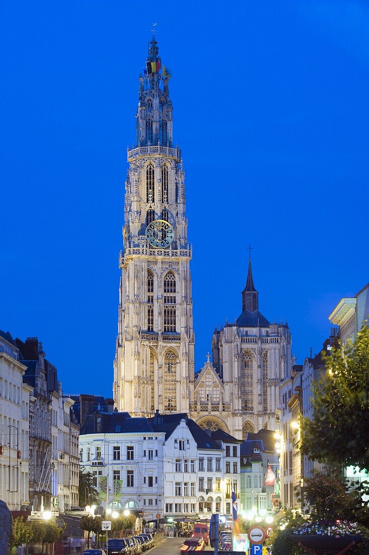 Tower of Onze Lieve Vrouwekathedraal illuminated at night, Antwerp, Flanders, Belgium, Europe