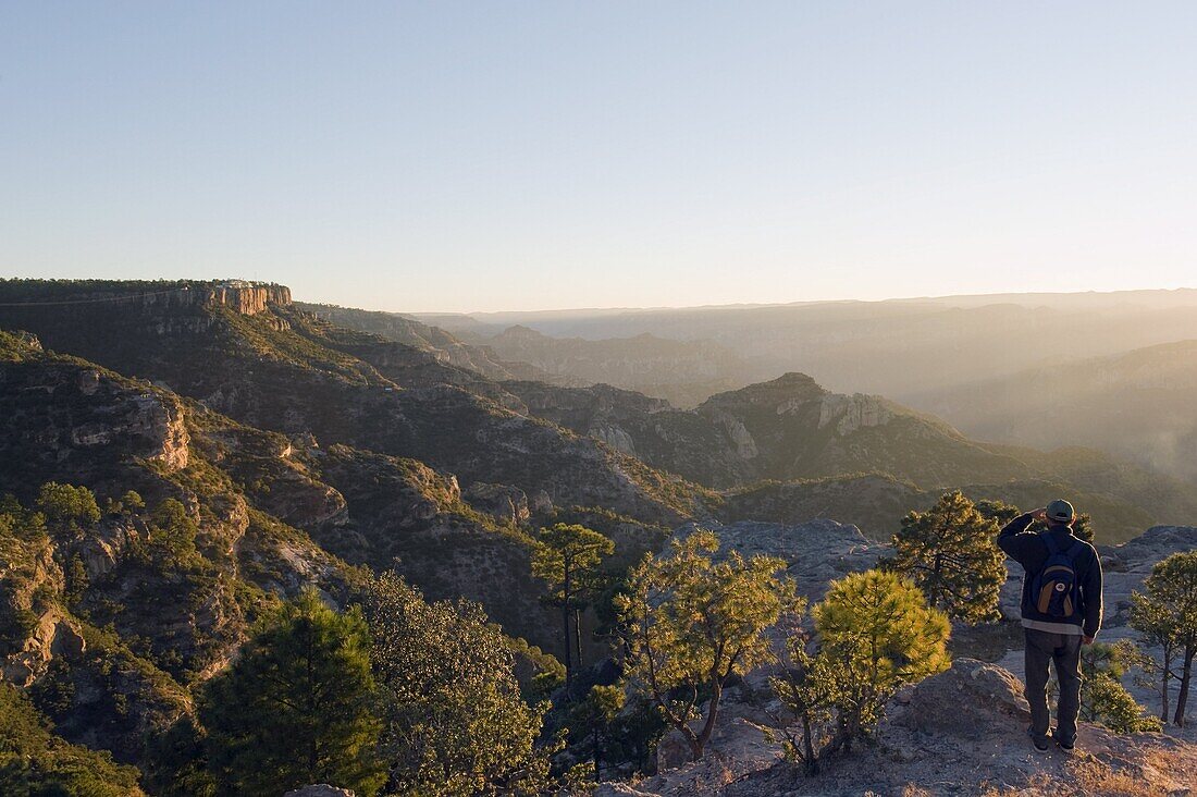 Hiker viewing sunrise in Barranca del Cobre (Copper Canyon), Chihuahua state, Mexico, North America