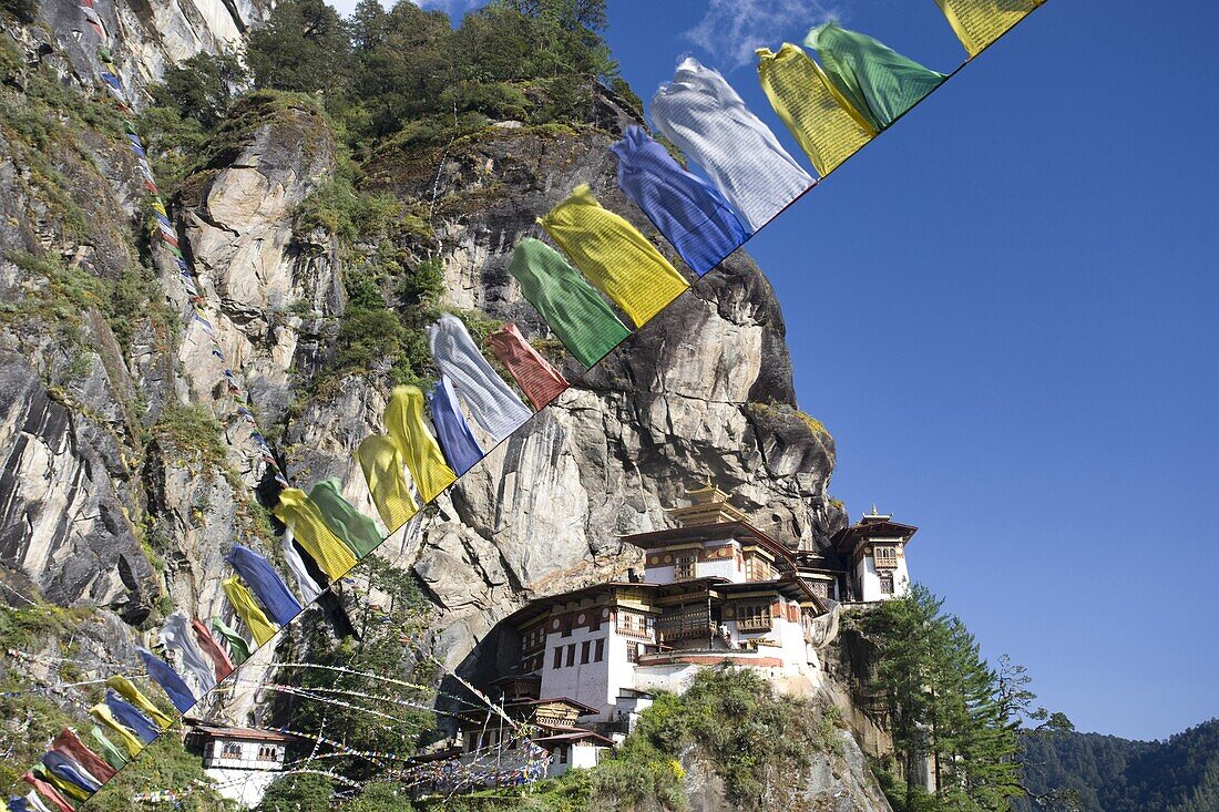 Taktshang Goemba (Tiger's Nest Monastery) and prayer flags, Paro Valley, Bhutan, Asia
