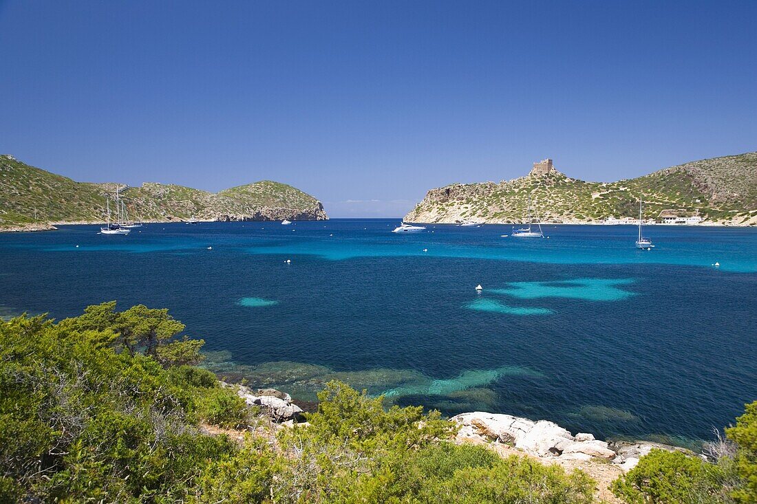 View across bay to the castle, Cabrera Island, Cabrera Archipelago National Park, Mallorca, Balearic Islands, Spain, Mediterranean, Europe