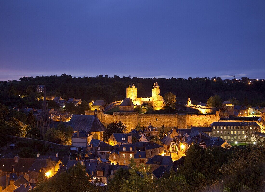 Castle and old town at night, Fougeres, Brittany, France, Europe