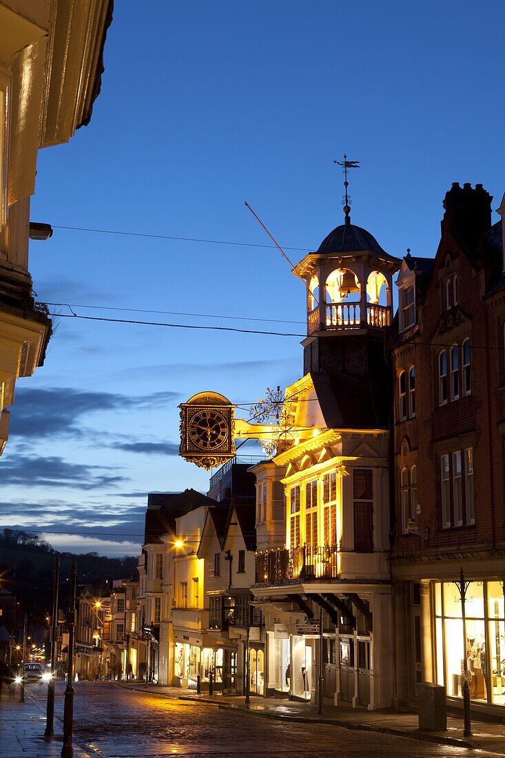 Guildford High Street and Guildhall at dusk, Guildford, Surrey, England, United Kingdom, Europe
