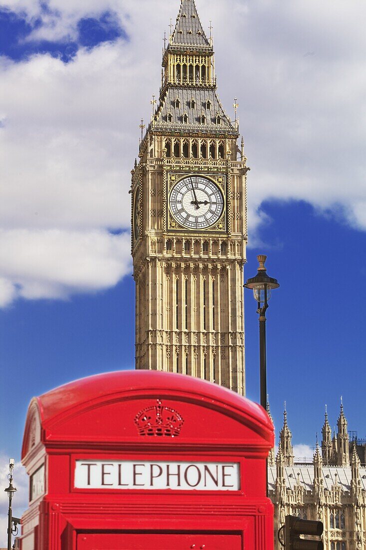 Red telephone box and Big Ben, Westminster, UNESCO World Heritage Site, London, England, United Kingdom, Europe