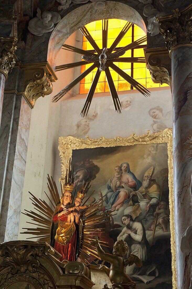 Our Miraculous Lady of Geras, Madonna above altar of Baroque Parish Church, Geras Premonstrian Abbey, Geras, Niederosterreich, Austria, Europe