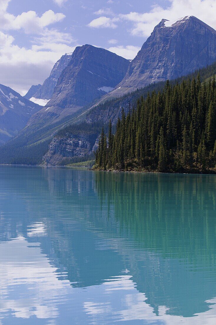 Mountains reflected in Maligne Lake, Jasper National Park, UNESCO World Heritage Site, British Columbia, Rocky Mountains, Canada, North America