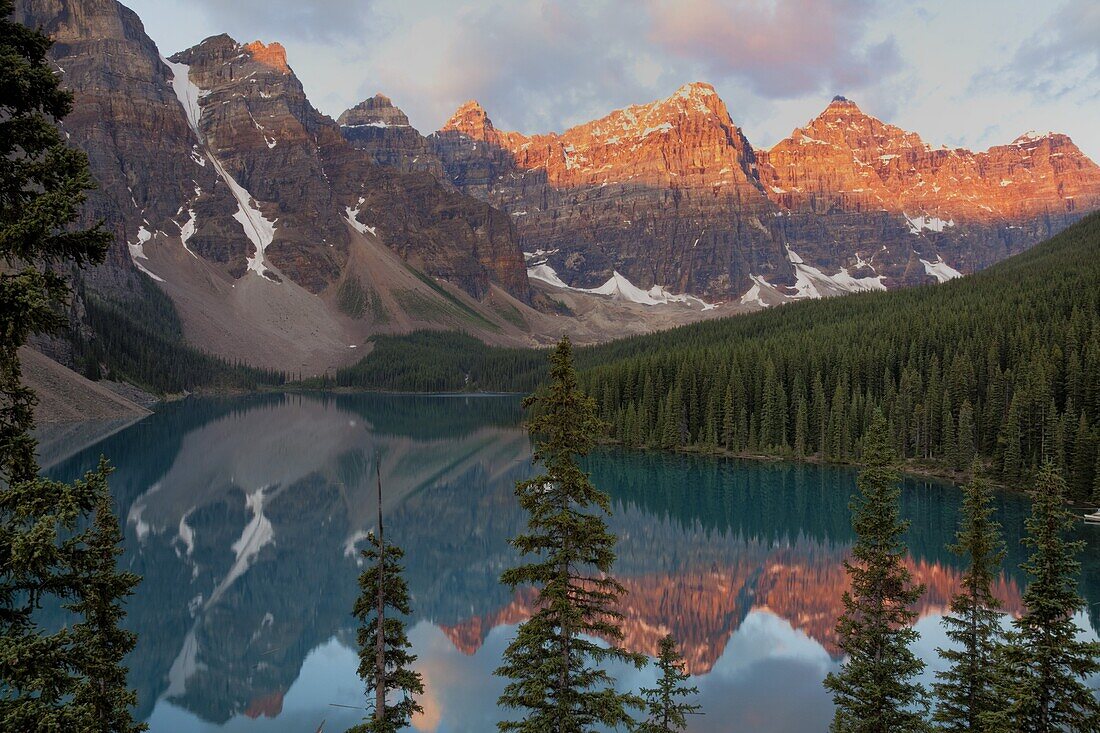 Early morning reflections in Moraine Lake, Banff National Park, UNESCO World Heritage Site, Alberta, Rocky Mountains, Canada, North America