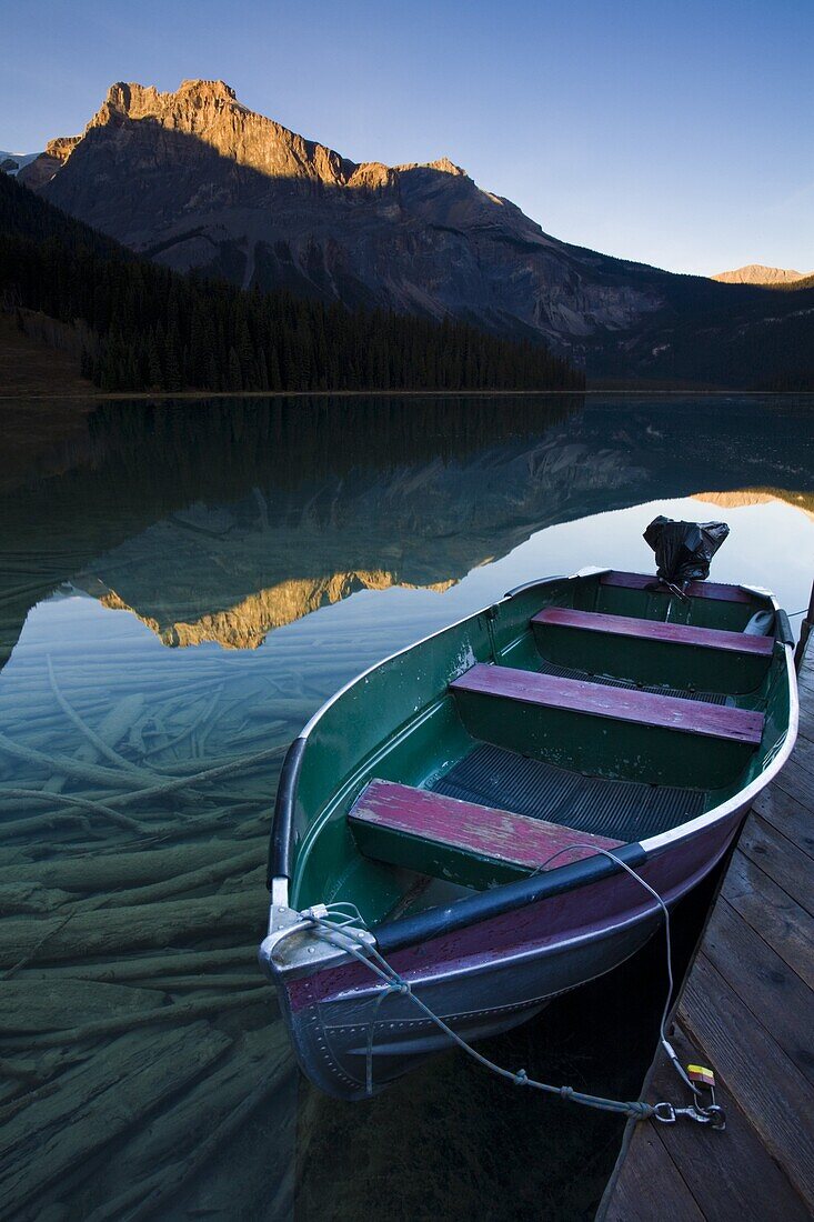 Boat moored at Emerald Lake, Yoho National Park, UNESCO World Heritage Site, British Columbia, Rocky Mountains, Canada, North America