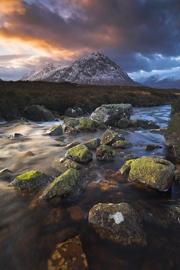 Rocky stream leading towards Buachaille Etive Mor, Rannoch Moor, Highland, Scotland,United Kingdom, Europe