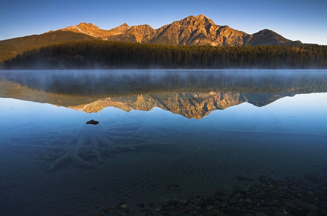 First light on a cold blue morning at Patricia Lake, Jasper National Park, UNESCO World Heritage Site, Alberta, Rocky Mountains, Canada, North America