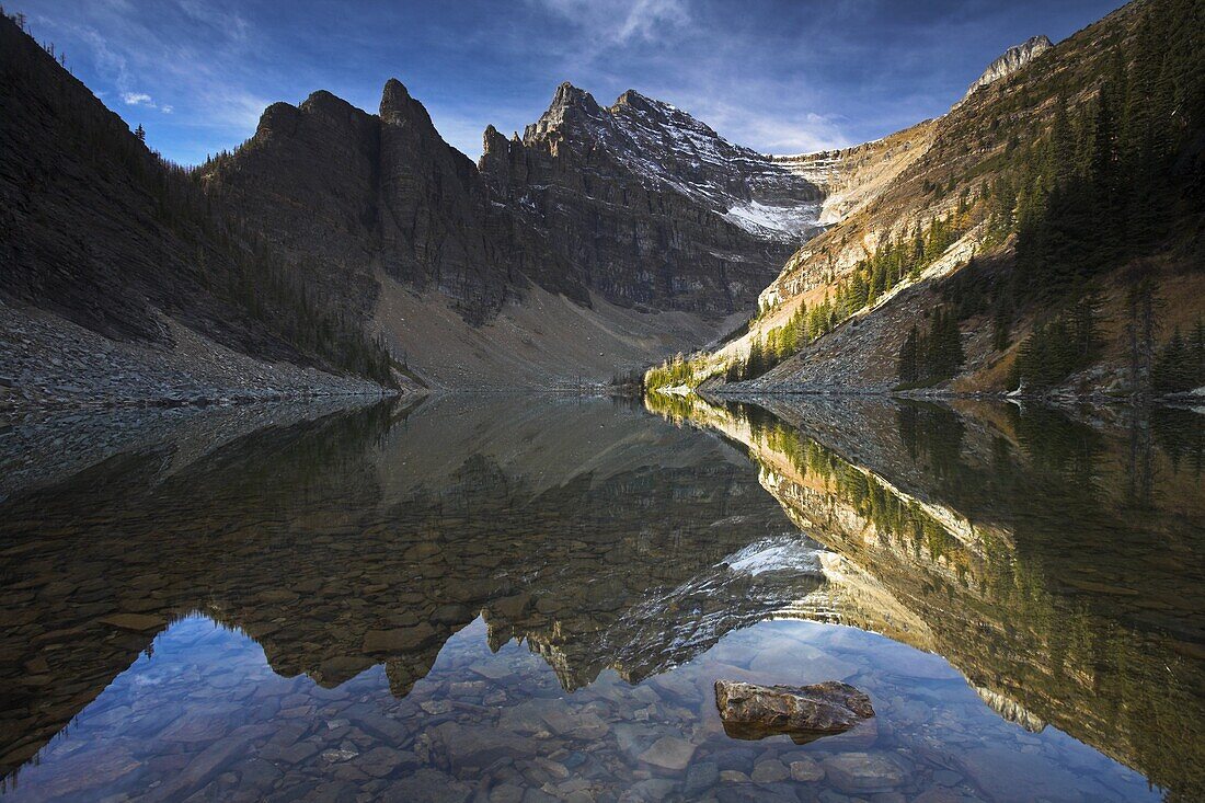 The shallow Lake Agnes captures a perfect reflection of the mountain rang, Banff National Park, UNESCO World Heritage Site, Alberta, Rocky Mountains, Canada, North America