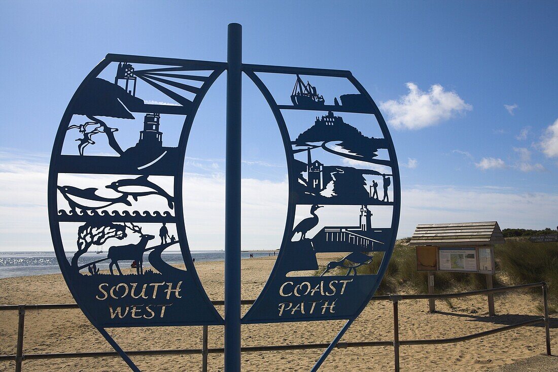 Sign announcing the start of the famous South West Coast Path, which leads 630 miles to Minehead, Studland Bay, Dorset, England, United Kingdom, Europe