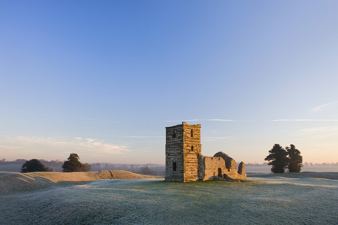 The ruins of Knowlton Church on a frosty winter morning, Dorset, England, United Kingdom, Europe