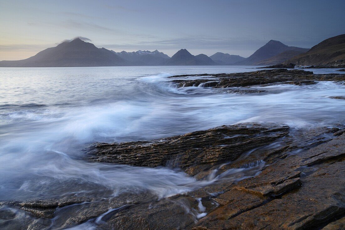 The view on a winter evening across Loch Scavaig towards the Cuillin Hills from Elgol, Isle of Skye, Scotland, United Kingdom, Europe