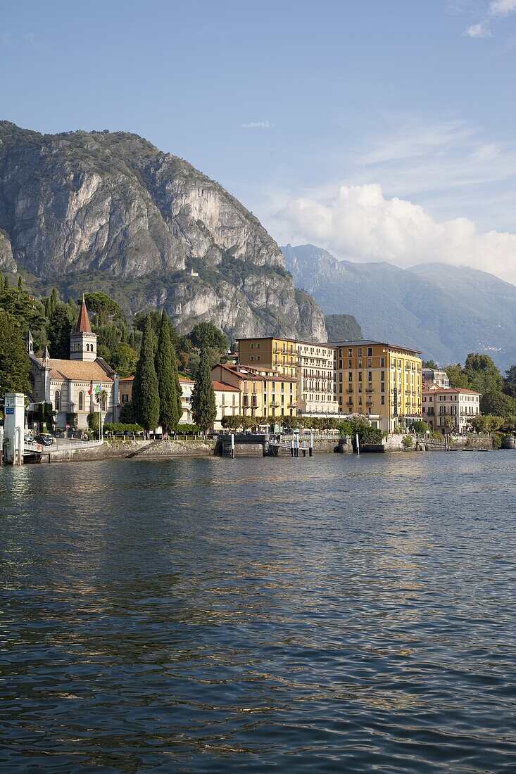 View of the town of Cadenabbia from ferry, Lake Como, Lombardy, Italian Lakes, Italy, Europe