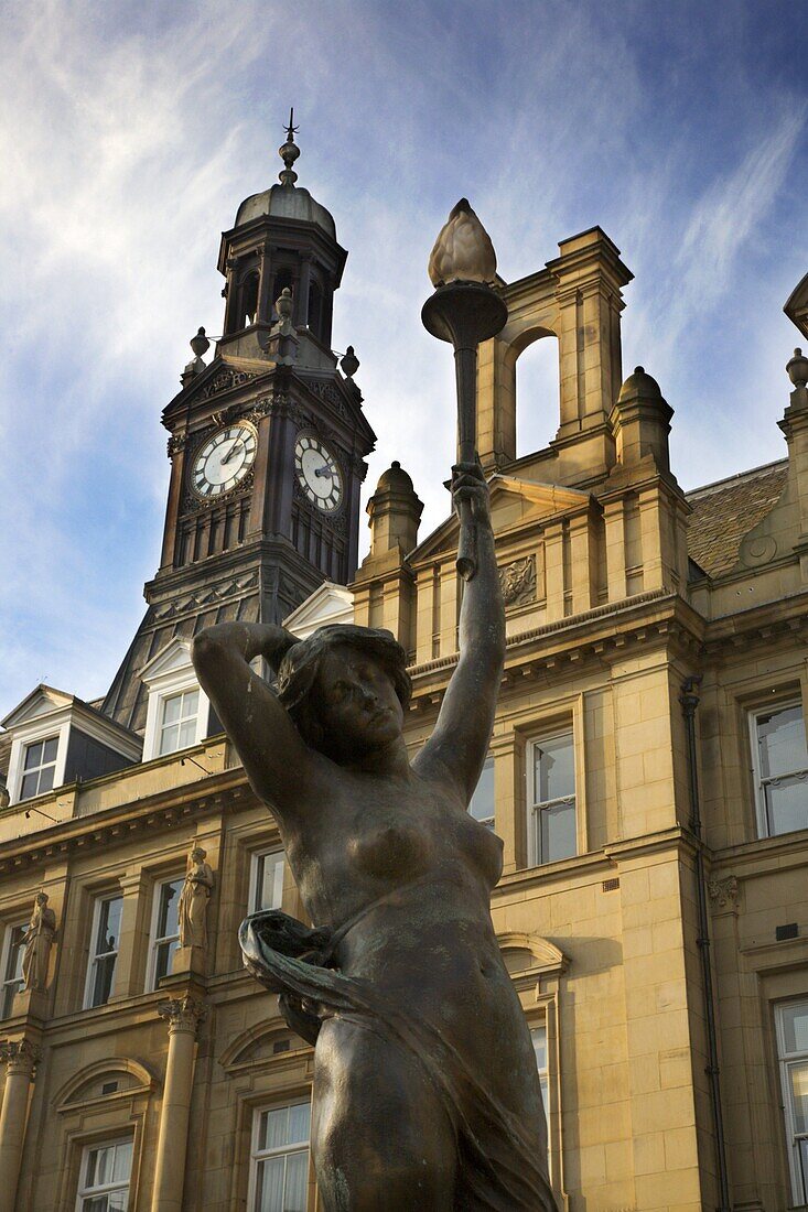 Statue of Even by Alfred Drury and Old Post Office, City Square, Leeds, West Yorkshire, Yorkshire, England, United Kingdom, Europe