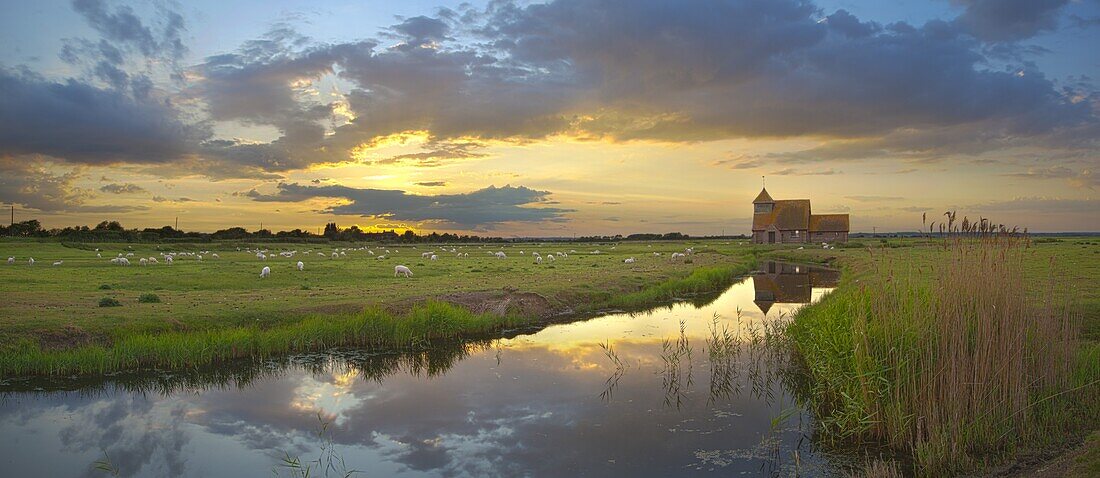 Romney Marsh and Fairfield Church near Brookland, Kent, England, United Kingdom, Europe