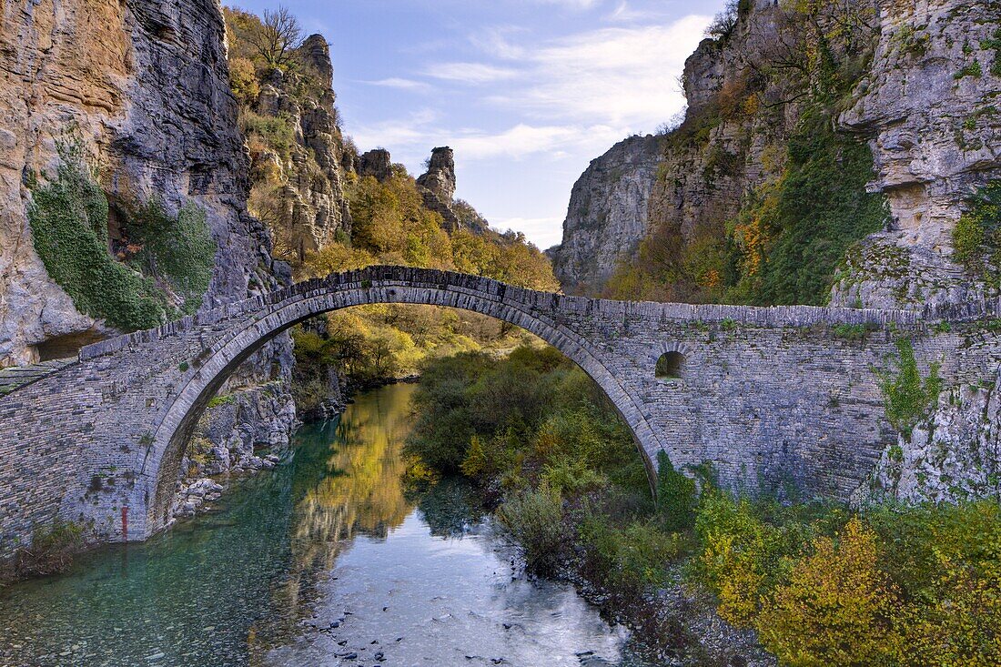 The 18th century Kokoris packhorse bridge, near Kipi in autumn, Epirus, Greece, Europe