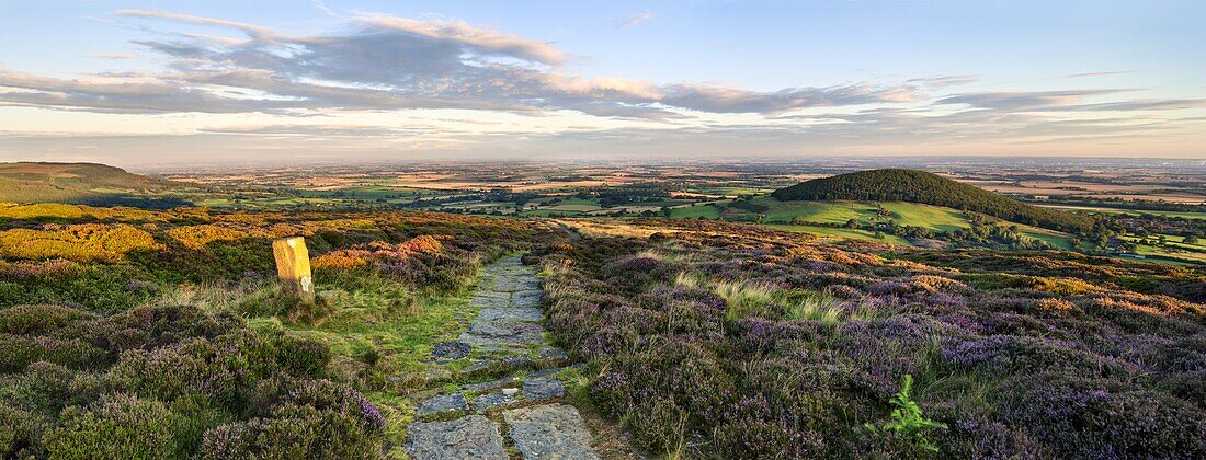The sun rises over the Cleveland Way and Whorl Hill near Faceby, North Yorkshire Moors, Yorkshire, England, United Kingdom, Europe