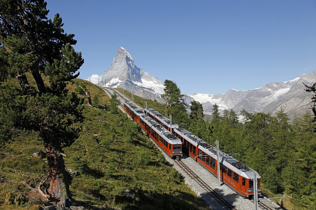 Gornergrat Railway in front of the Matterhorn, Riffelberg, Zermatt, Valais, Swiss Alps, Switzerland, Europe
