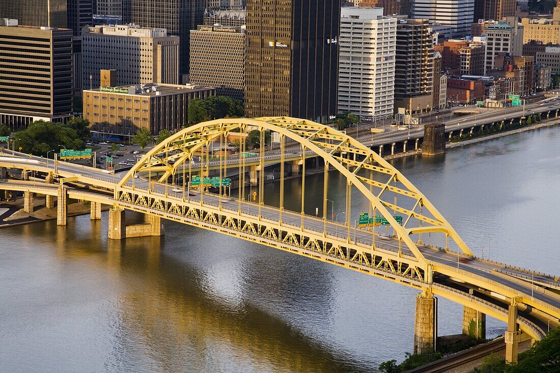 Pittsburgh skyline and Fort Pitt Bridge over the Monongahela River, Pittsburgh, Pennsylvania, United States of America, North America