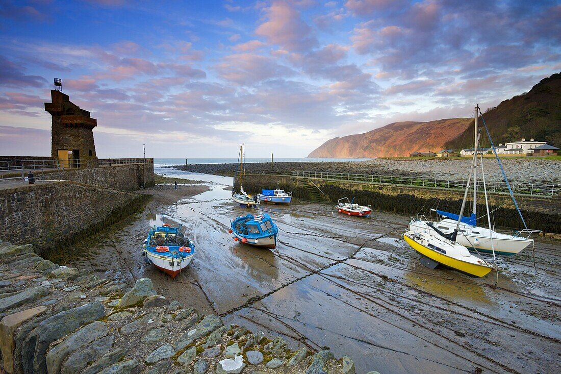 Low tide in Lynmouth Harbour, Exmoor National Park, Devon, England, United Kingdom, Europe