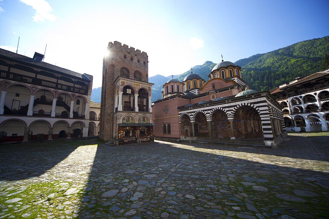 Bulgaria, Rila Monastery nestled in the Rila Mountains, Courtyard, Church of the Nativity and Hrelyo's Tower.