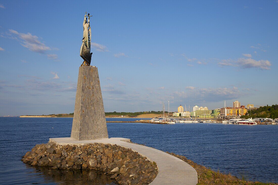 Bulgaria, Black Sea, Nessebar, Harbor, Seaport, Statue of St. Nicholas in South Nessebar Bay.