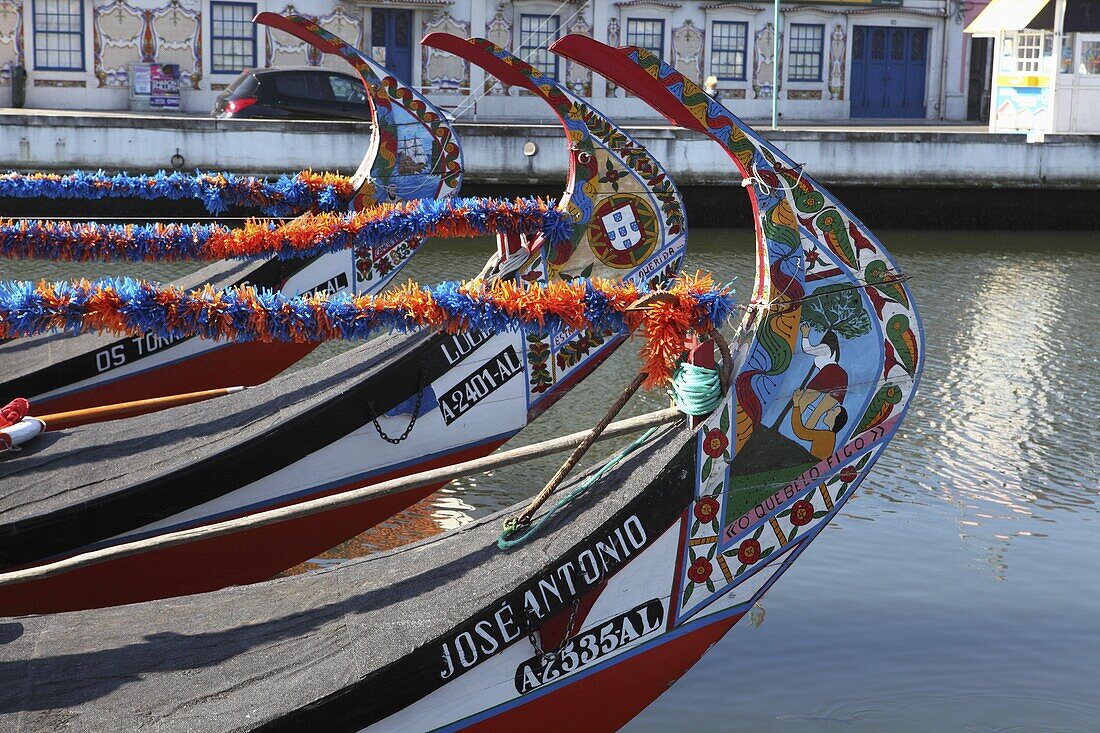 The prows of gondola-like Moliceiros, boats used to give tourists rides along the canals of Aveiro, Beira Litoral, Portugal