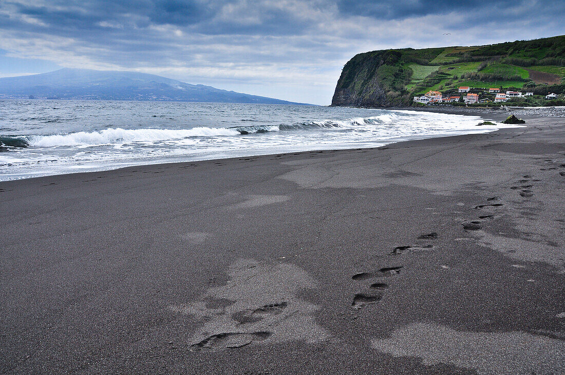 Lava beach Praia do Almoxarife with cliffs, terraces and village, volcano Pico, Island of Faial, Azores, Portugal, Europe, Atlantic Ocean