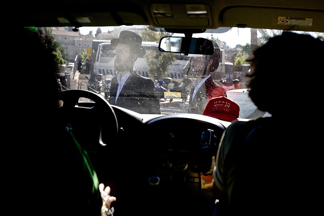 Two rabbis crossing the road, Jerusalem, Israel