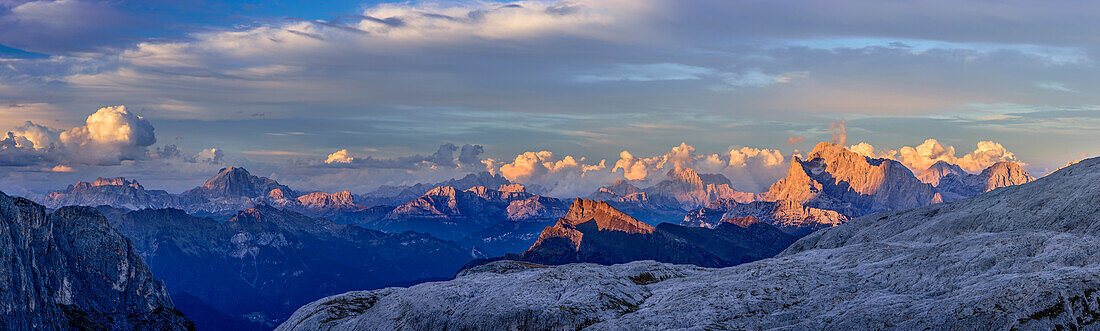 Panorama from Pala with view to Fanes range, Tofana, Averau, Nuvolau, Cristallo range and Civetta, from Rifugio Rosetta, Pala, Dolomites, UNESCO World Heritage Dolomites, Trentino, Italy