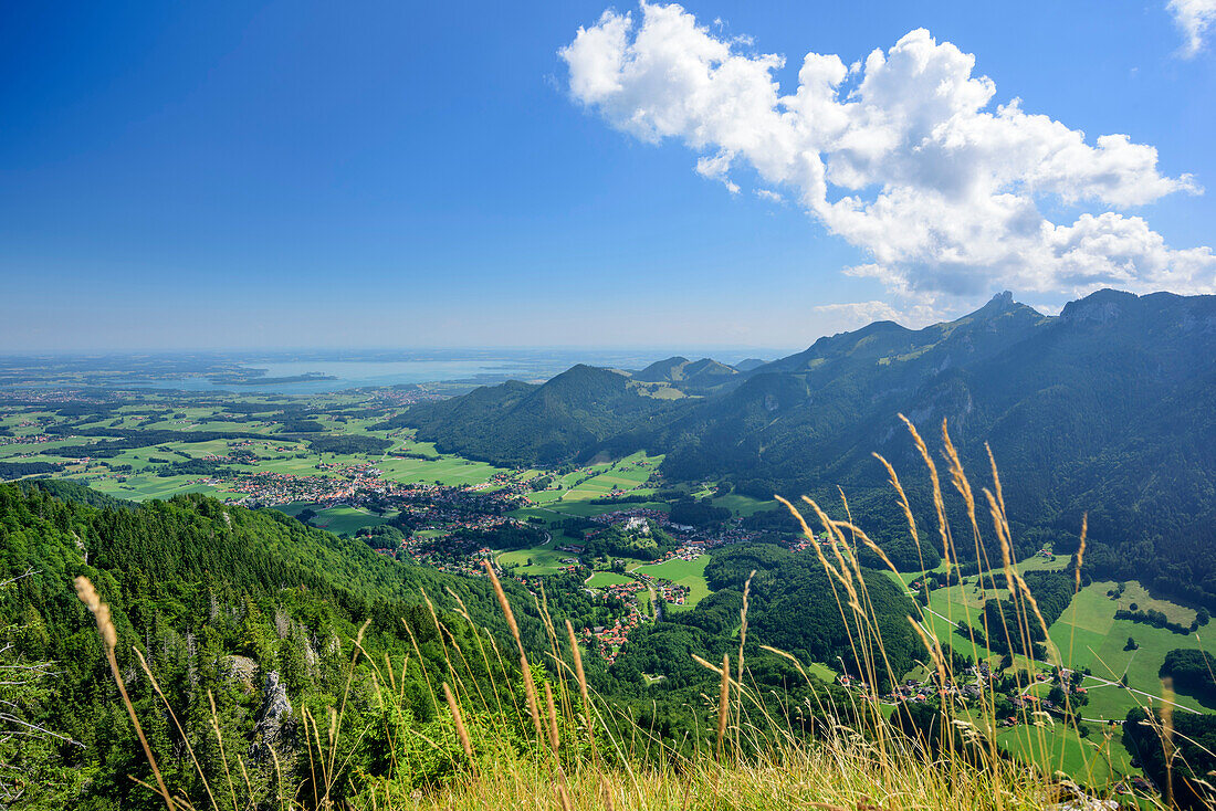 View to valley of Priental with lake Chiemsee and Kampenwand in background, from Zellerhorn, Chiemgau Alps, Upper Bavaria, Bavaria, Germany