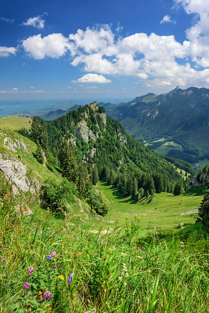 View to lake Chiemsee and Kampenwand, Klausenberg, Chiemgau Alps, Upper Bavaria, Bavaria, Germany