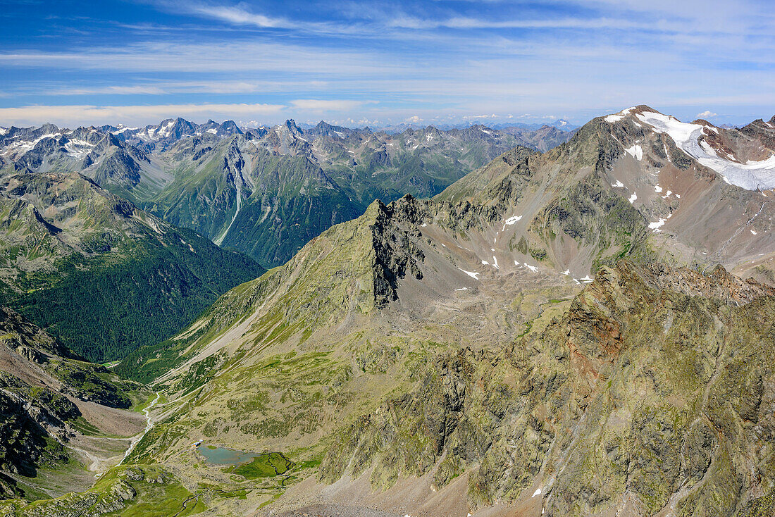 Blick vom Hohen Seeblaskogel auf Ötztaler Alpen mit Watzespitze und Rofelewand und Breiter Grieskogel, Hoher Seeblaskogel, Sellrain, Stubaier Alpen, Tirol, Österreich