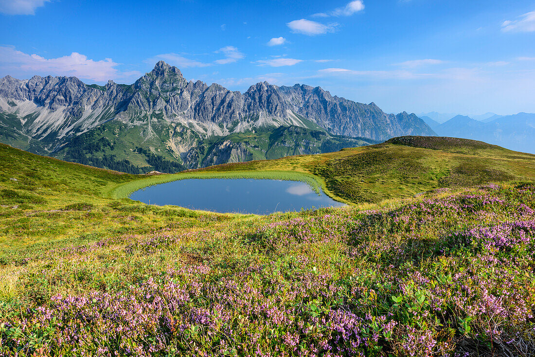 Mountain lake in front of Zimba and Vandanser Steinwand, Raetikon, Vorarlberg, Austria