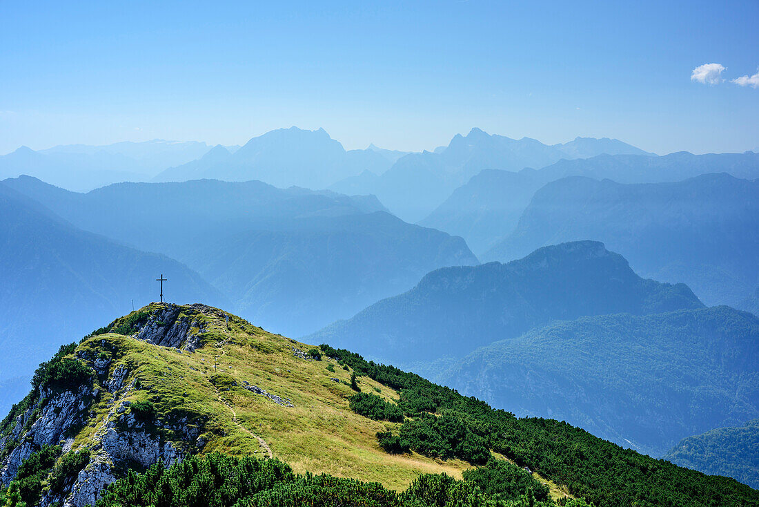 View towards Zennokopf, Berchtesgaden Alps with Watzmann in background, Zennokopf, Chiemgau Alps, Upper Bavaria, Bavaria, Germany