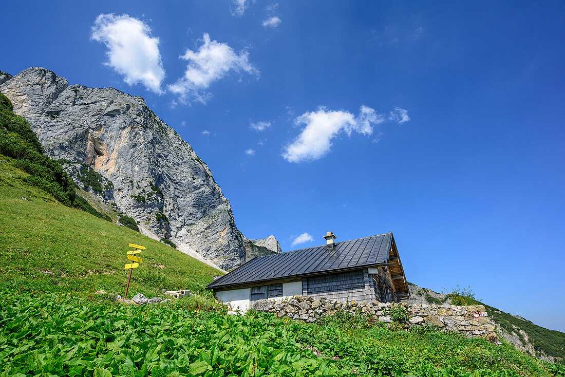 Alpine hut in front of Untersberg, Scheibenkaser, Untersberg, Berchtesgadener Hochthron, Berchtesgaden Alps, Upper Bavaria, Bavaria, Germany