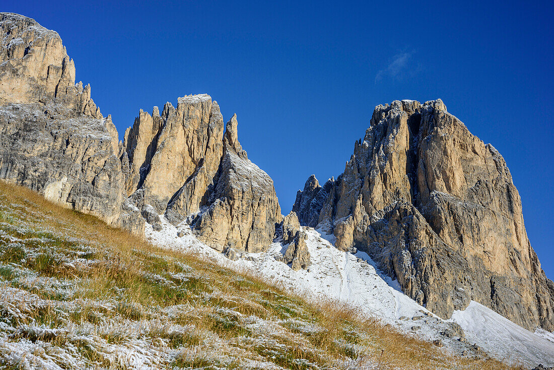 Grohmannspitze, Fünffingerspitze und Langkofel, Langkofelgruppe, Dolomiten, UNESCO Weltnaturerbe Dolomiten, Trentino, Italien